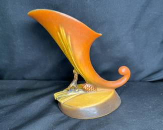 Roseville Brown & Green Pine Cone Cornucopia Vase