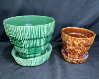 2 McCoy USA Basket Weave Planters w/ Under Plates