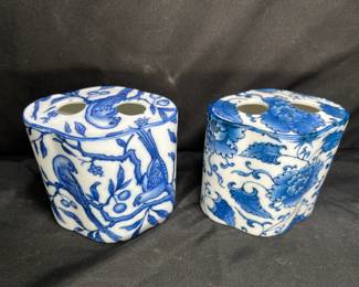 2 Vintage Cobalt Bird & Floral Toothbrush Holders