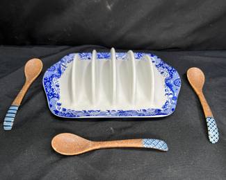 Spode Ceramic Toast Holder w/ Salt/Sugar spoons