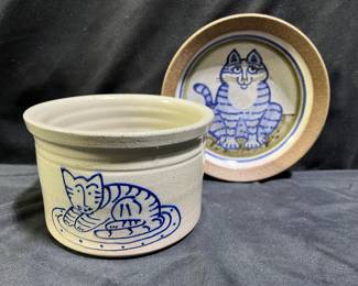 Eldreth & M&J Pottery Salt Glaze Cat Crocks & Dish