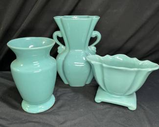 3 Vintage Brush McCoy & more Seafoam Green Vases