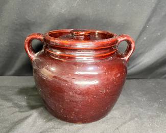 Vintage Brown Pottery Double Handled Bean Pot