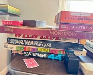 Board games: Jack Straws, Monopoly, Wild Life, Star Wars escape from death star Game, Payday, Mastermind 44