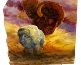 Hand Painted Oil on Marble Buffalo
