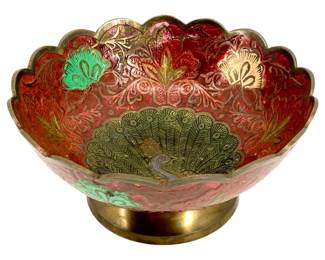 Vintage Enameled Brass Peacock Bowl

