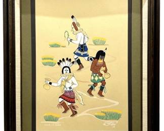 Signed B. Kay “Navajo Vie Figures" Gouache Piece

