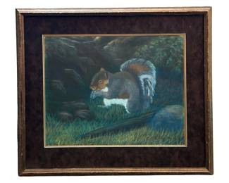 Signed B. Thacker Squirrel Oil Pastel Drawing
