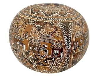 Signed Nikkei Huancayo C.E.P. Engraved Art Gourd
