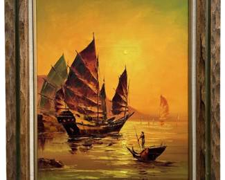 Signed Ling Sunset Boat Oil on Canvas
