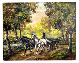 Signed Horse and Buggy Landscape Oil on Canvas

