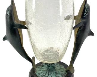 Crackled Glass Design Brass Dolphin Vase
