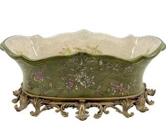 Asian Ceramic Brass Footed Floral Painted Art Bowl
