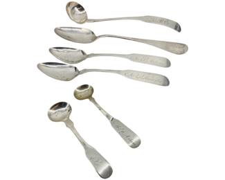 6 Old Coin Silver Spoons & Ladle
