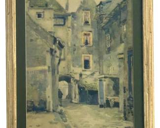 Vintage Village Alley Watercolor Print
