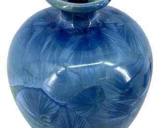 Signed Louise Reding Blue Crystalline Ceramic Vase
