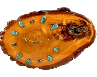 Handmade Lacquered Turquoise & Wood Slab Clock

