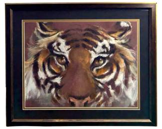Signed T.A. Wood Tiger Oil Pastel Drawing
