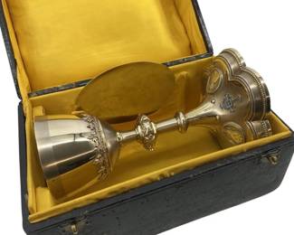 French Victorian Travel Case Silver Chalice & Tray
