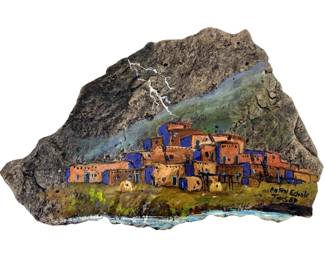 Signed Carol Echols Adobe Village on Rock Slab
