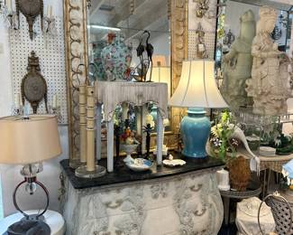 Pair pastaglia painted bombe commodes with marble tops.