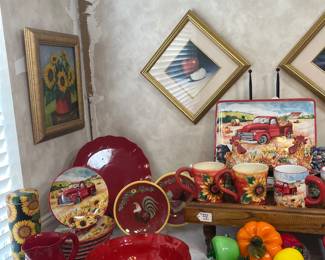 The red truck dishes came from Hobby Lobby. Notice the glass fruit in the bowl.