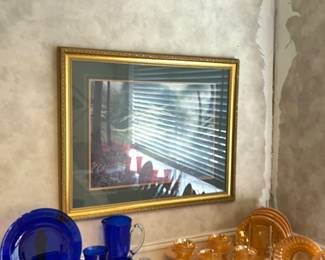 Beside the lovely blue dishes are 47 pieces of Fire King by Anchor Hocking.