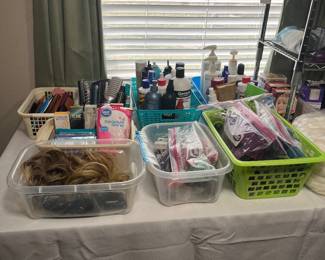 This table has a lot of professional grade supplies such as hair spray and shampoo. It also has professional grade tools such as blow dryers. check it out!!!!