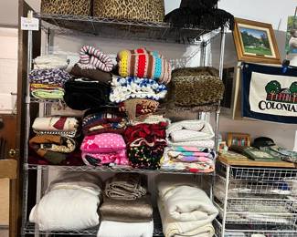 The quilts, comforters and blankets (twin and king size) are located in the garage.