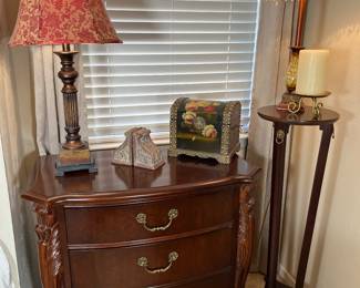 This is one of 2 matching bedside chests. The 3 drawer chest measures 34"w x 18"d x 32"h.