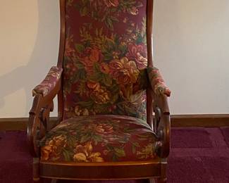 Vintage Rose Scroll Wood Upholstered Rocker