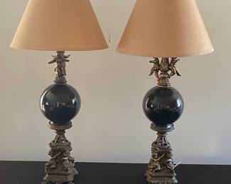 Vintage Brass Cherub Glass Globe Lamps