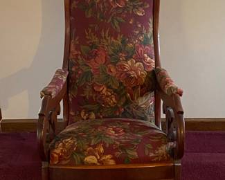 Vintage Rose Scroll Wood Upholstered Rocker