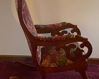 Vintage Rose Scroll Wood Upholstered Rocker