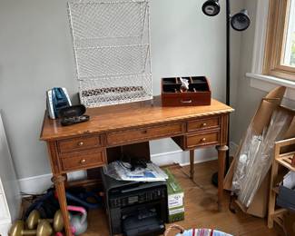 Vanity or Desk w/ Mirror (Mirror on Floor Behind), Printer w/ Toner Cartridges, Wire Basket, Weights