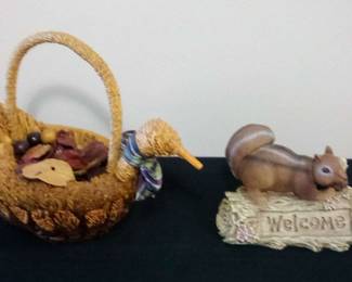 Ceramic Squirrel HideaKey and Wicker Goose Basket