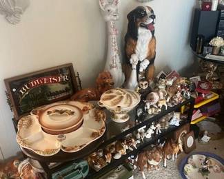 California Pottery Sunkist lazy susan and covered vegetable, Italian tall cat and Capo de Monte St. Bernard and dachshund, many other animals.