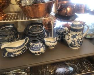 English Blue Willow set with serving pieces.
