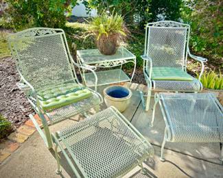Vintage light green wrought iron several armchairs, footstools, tables, original cushions