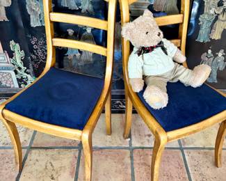 2 vintage chairs with dark blue velvet seats