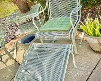 Vintage light green wrought iron several armchairs, footstools, tables, original cushions