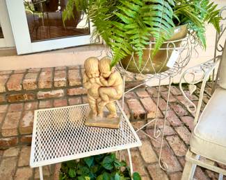 Vintage wrought iron 2 armchairs, footstool, 2 tables