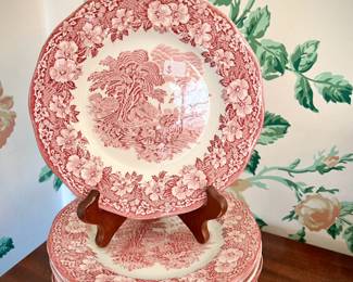 Enoch Wedgwood red transferware - lunch plates, dinner plates, soup tureen