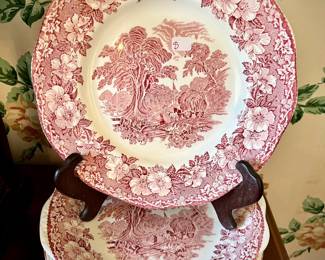 Enoch Wedgwood red transferware - lunch plates, dinner plates, soup tureen