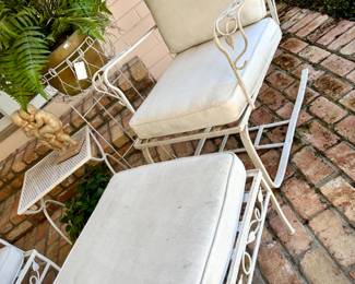 Vintage wrought iron 2 armchairs, footstool, 2 tables
