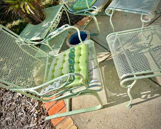 Vintage light green wrought iron several armchairs, footstools, tables, original cushions