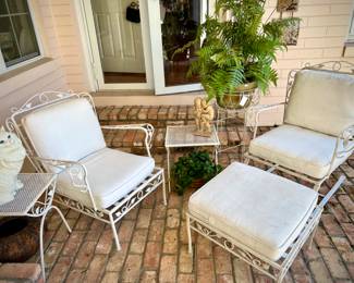 Vintage wrought iron 2 armchairs, footstool, 2 tables
