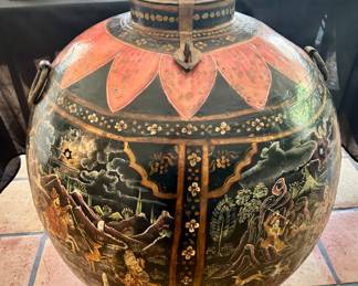 Large vintage hand-pa8nted rice bin from India with handles and hinged top