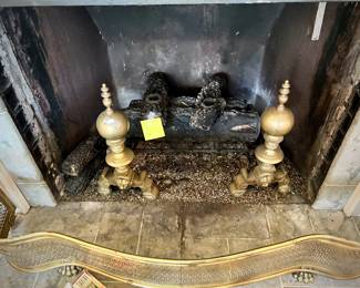 Brass andirons and fireplace guard/bumper
