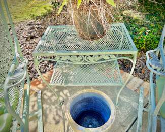 Vintage light green wrought iron several armchairs, footstools, tables, original cushions